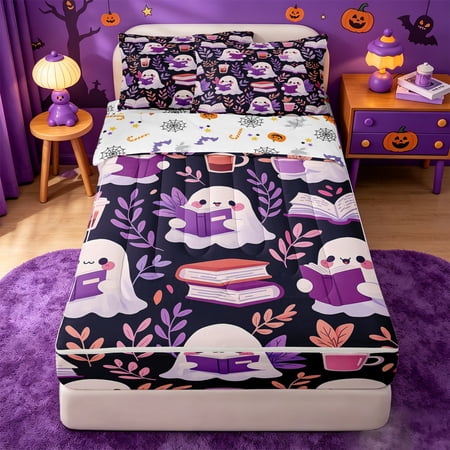 Homewish Cute Halloween Ghost Zipper Queen Comforter Set with Fitted Sheet and 2 Pillowcases Leaf Book Drink Print Zipper Bedding Set Dark Purple Pink Halloween Reversible 4 Pieces