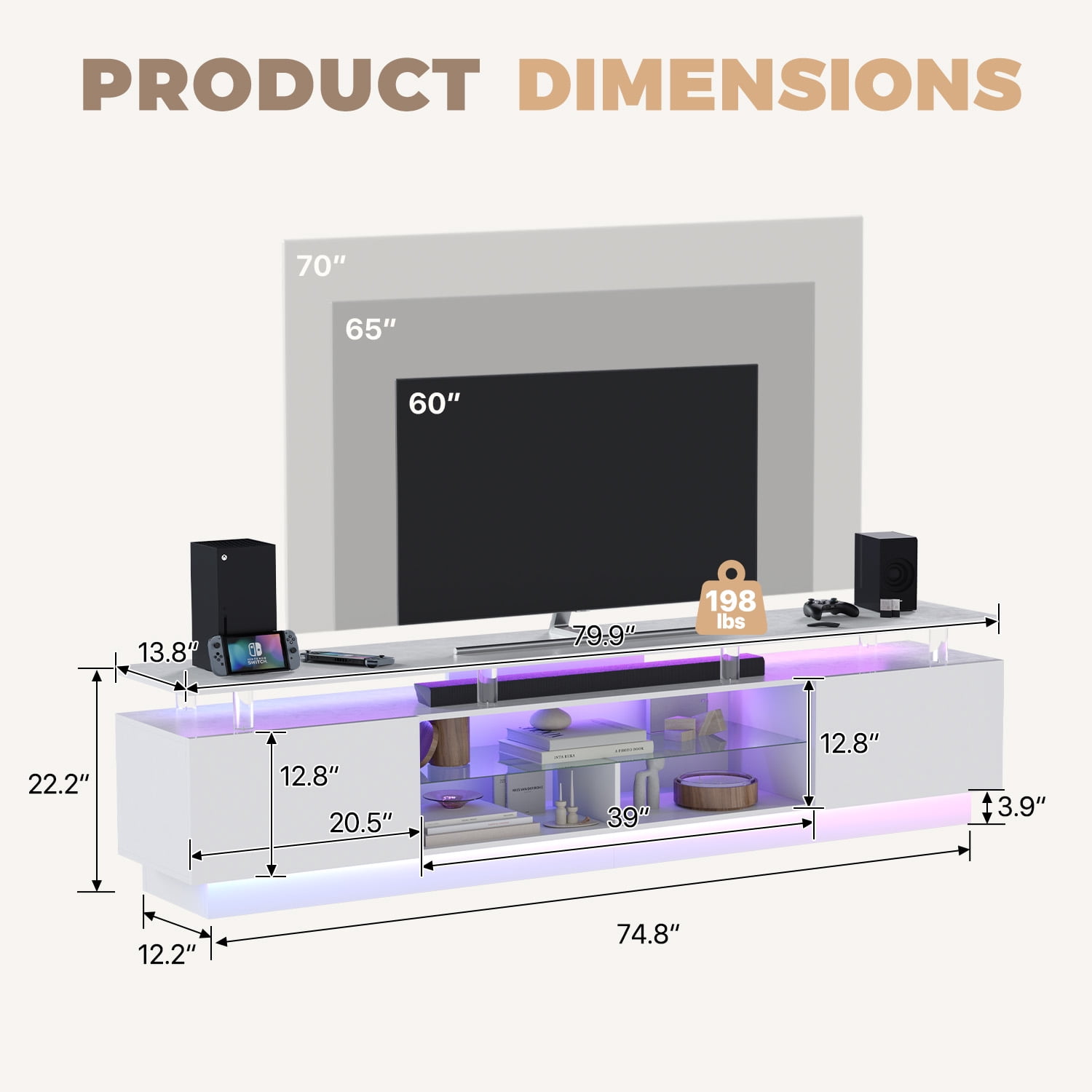 BaPiPro 80" LED Modern TV Stand for TVs up to 90", Entertainment Center TV Console with Music Sync LED for Living Room, White