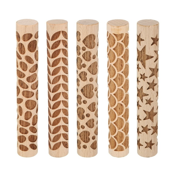 Uxcell 5pcs Wood Clay Roller 4" Star Pattern Rolling Pins Wood Rollers Pottery Tools Wood Grain Texture Rollers for Clay Baking Dough Playdough DIY