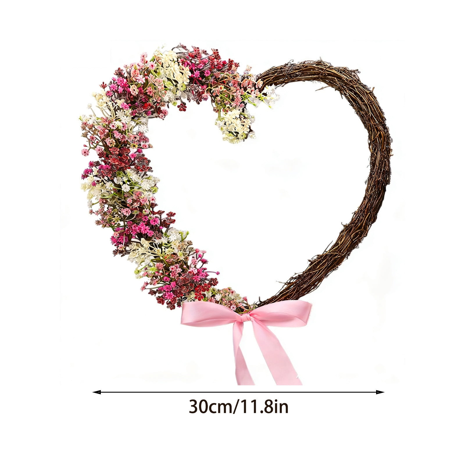 Valentine's Day Heart Wreath with Artificial Ba-by's Breath and Bow, 12 Inch Faux Floral Door Hanging for Indoor Outdoor Decor