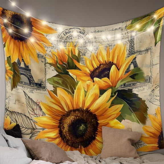 Yellow Sunflower Tapestry for Bedroom Wall Hanging Tapestry, Watercolor Retro Floral Plant Leaf Ceiling Backdrop Tapestries Poster Blanket Wall Decor for Teens Room Living Room Dorm 51" x 59"