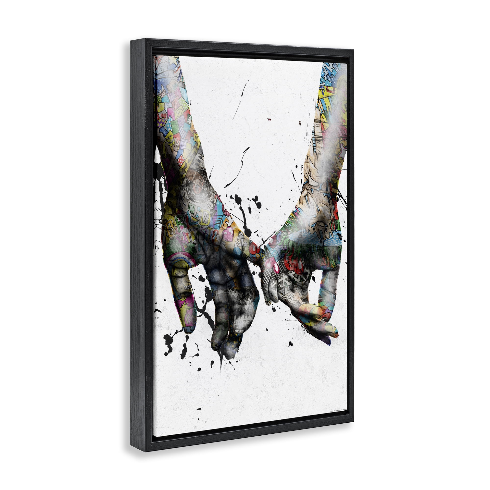 Stupell Industries Modern Splash Hand Holding People Painting Black Floater Framed Canvas Art Print Wall Art, 17 x 25