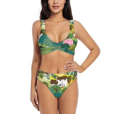 Zeuib Garden Farm High Waisted Tummy Control Bikini Set - Knot Front Push Up Top & Cheeky Thong Bottom  Two-Piece Swimsuit for Women-Large