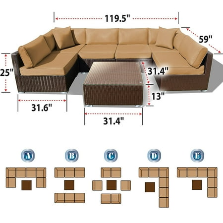 Strong Camel 7 PC Rattan Wicker Patio Set Outdoor Sectional Sofa Furniture With Cushion (Camel)