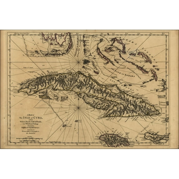 24"x36" Gallery Poster, Map of Cuba Bahama Islands Gulf of Florida 1768