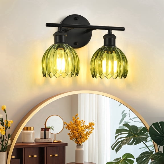GCGAFUL Modern Black Bathroom Vanity Light, 12.2 in. 2-Light Wall Sconce with Green Tulip Glass Shade