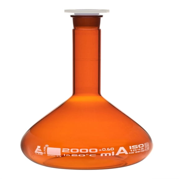 Volumetric Flask, 2000ml - Class A - Polypropylene Stopper - Borosilicate 3.3 Glass - Eisco Labs