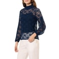 thumbnail image 4 of INSPIRE CHIC Women's Floral Lace Top Turtleneck Puff Long Sleeve See Through Sheer Blouse XS Navy Blue, 4 of 6