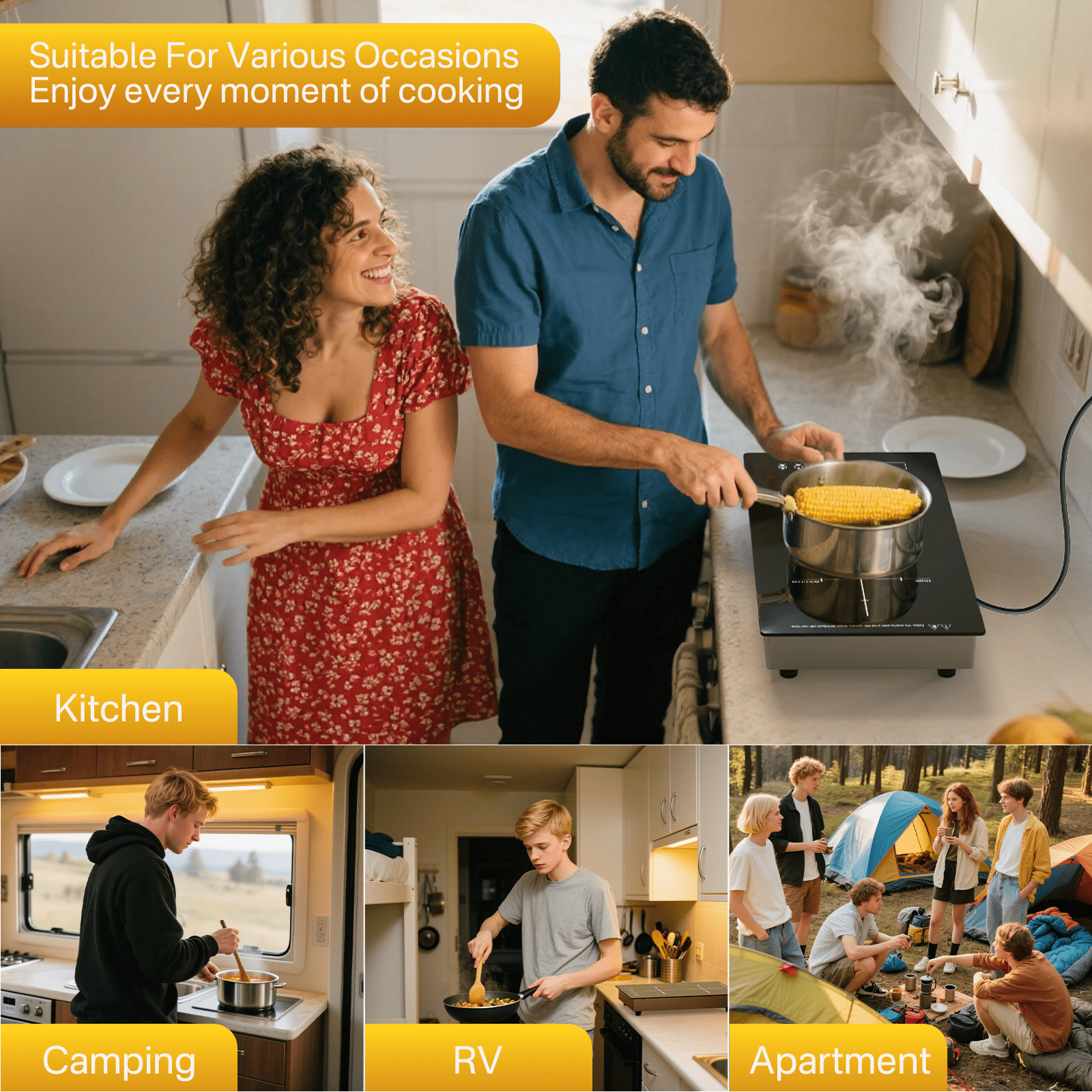 TYEMUI 12 Inch Dual Induction Cooktop, 2 Burner Electric Outdoor Stove, Built-In or Electric Portable Stove, Plug-in Outside Electric Stove with Timer & Child Lock, 120V Dual Zone Ceramic Glass Cookt