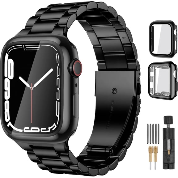 PLUMYHG-Compatible with Apple Watch Band 44mm 42mm 40mm 38mm 41mm 45mm 46m 49mm, Solid Stainless Steel Metal Band with 2 Pack Protective Cover Case for iWtach Series 11 10 9 8 7 6 5 4 3 SE Ultr Men W