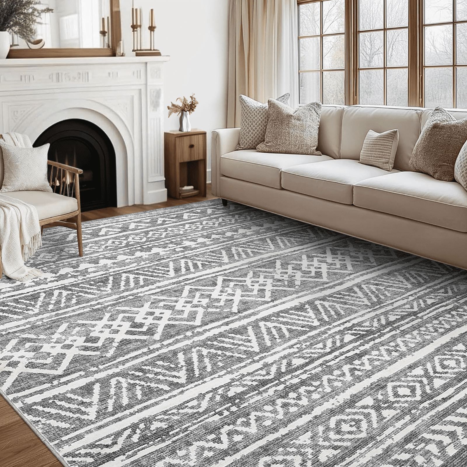 HOMERRY Indoor Washable 4' x 6' Area Rug Distressed Boho Carpet for Living Room, Gray