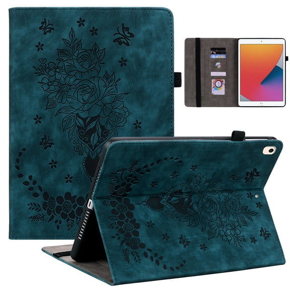 SaniMore Case for iPad Pro 11 2024, Auto Sleep/Wake Anti-slip Grooves Kickstand [Pencil Holder Card Slots] Embossed Rose PU Leather Shockproof Wallet Shell, Blue