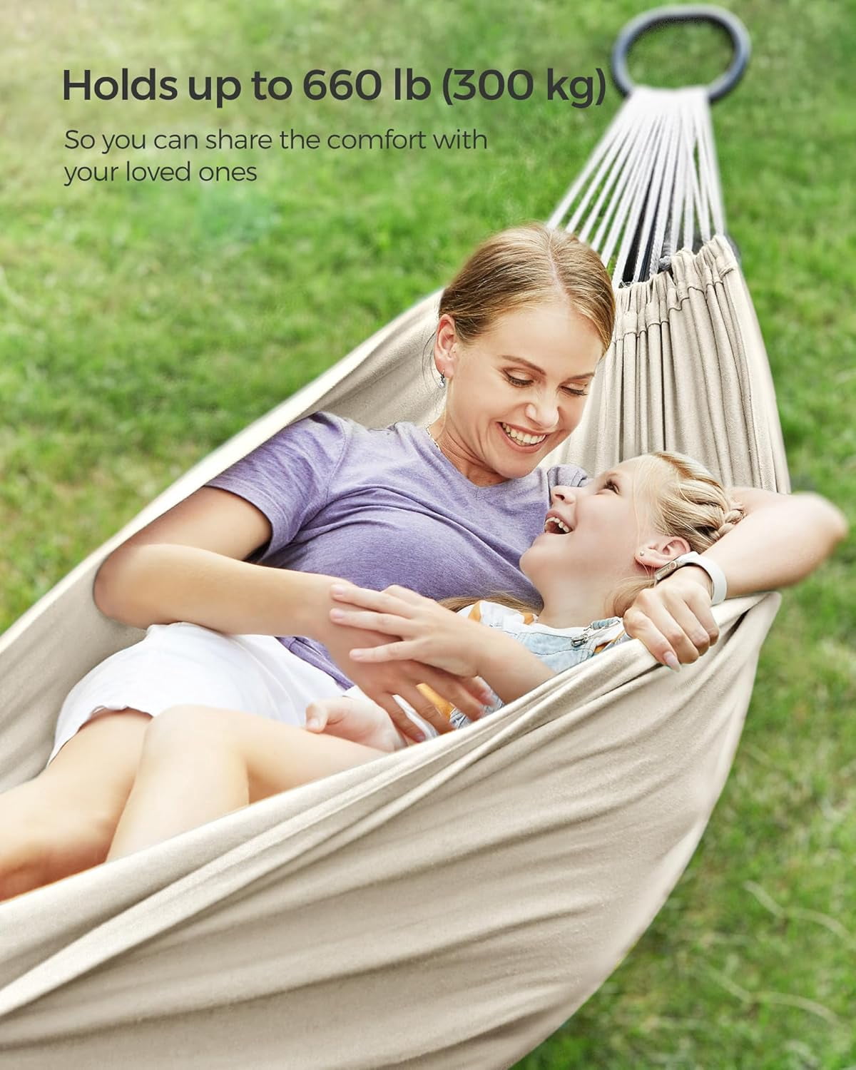 Double Hammock, 98.4 x 59.1 Inches, 660 lb Load Capacity, with Compression Bag, Mounting Straps, Carabiners, for Terrace, Balcony, Garden, Outdoor, Camping, Beige UGDC15M