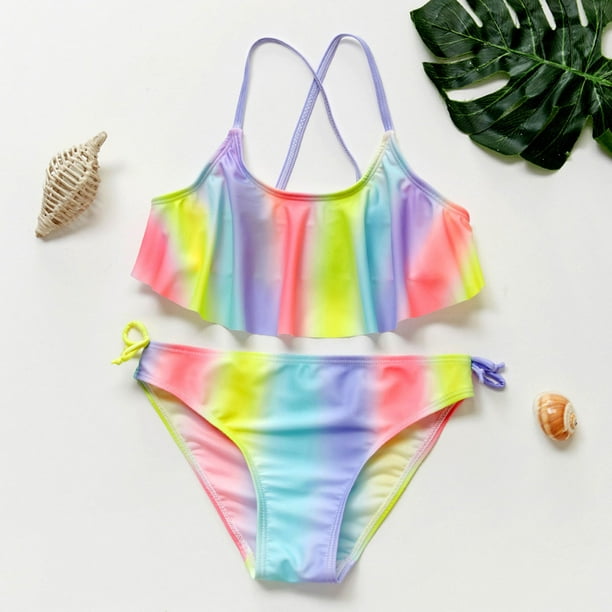 HAWEE Girls Two Piece Swimsuits Bikini Set Rainbow Strips Bikini Swimwear  Summer Beach Bathing Suit