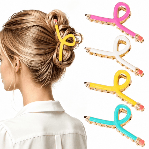 4 PCS Pencil Hair Claw Clips for Women, Teacher Hair Clips for Thick Thin Hair, Funny Back to School Hair Accessories, Teacher Appreciation Gifts