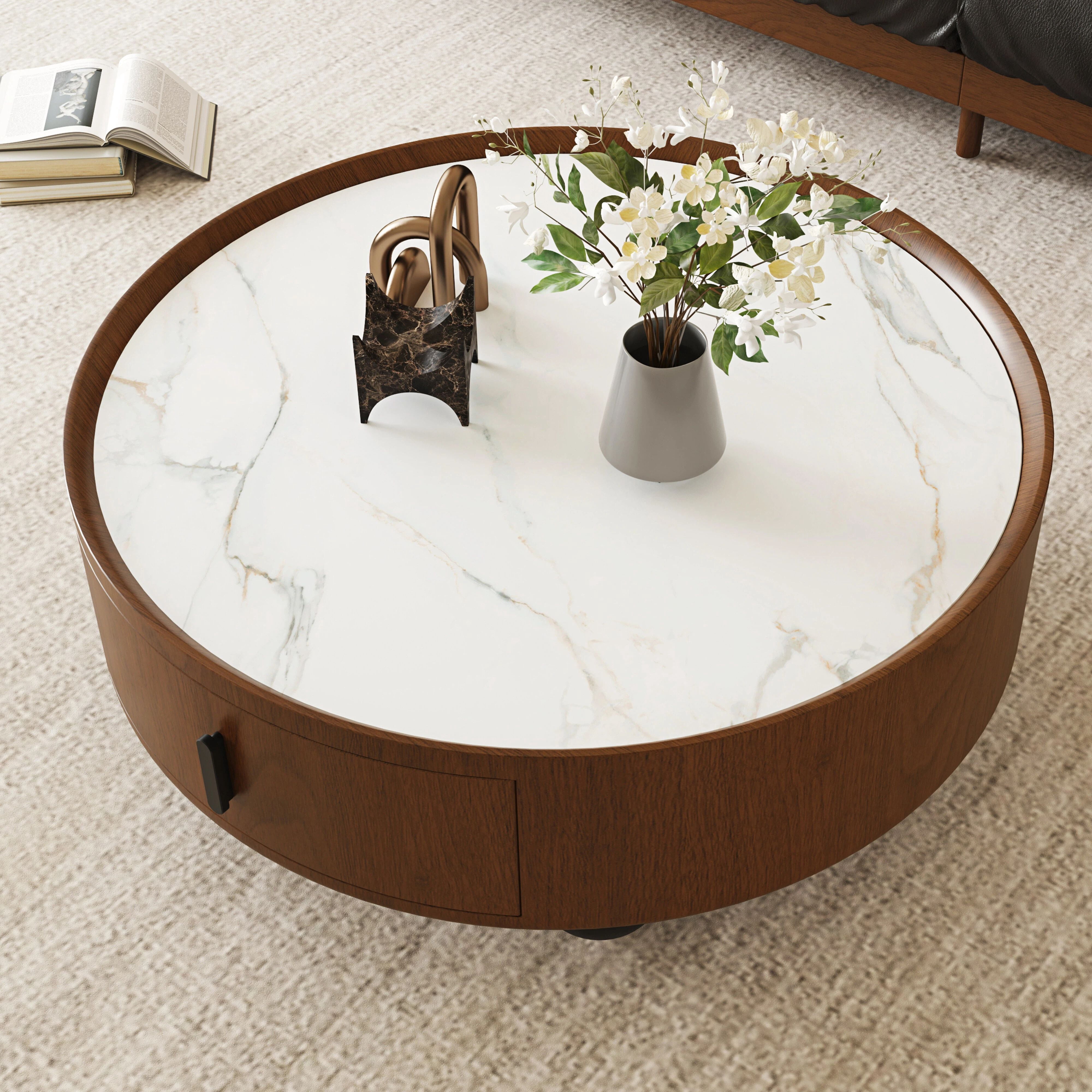 Euroco 35.43 Inch Round Coffee Table with Storage Drawer, Mid-Century Modern Accent Tea Table with Marble-Look Stone Top for Living Room,Home Office,Walnut