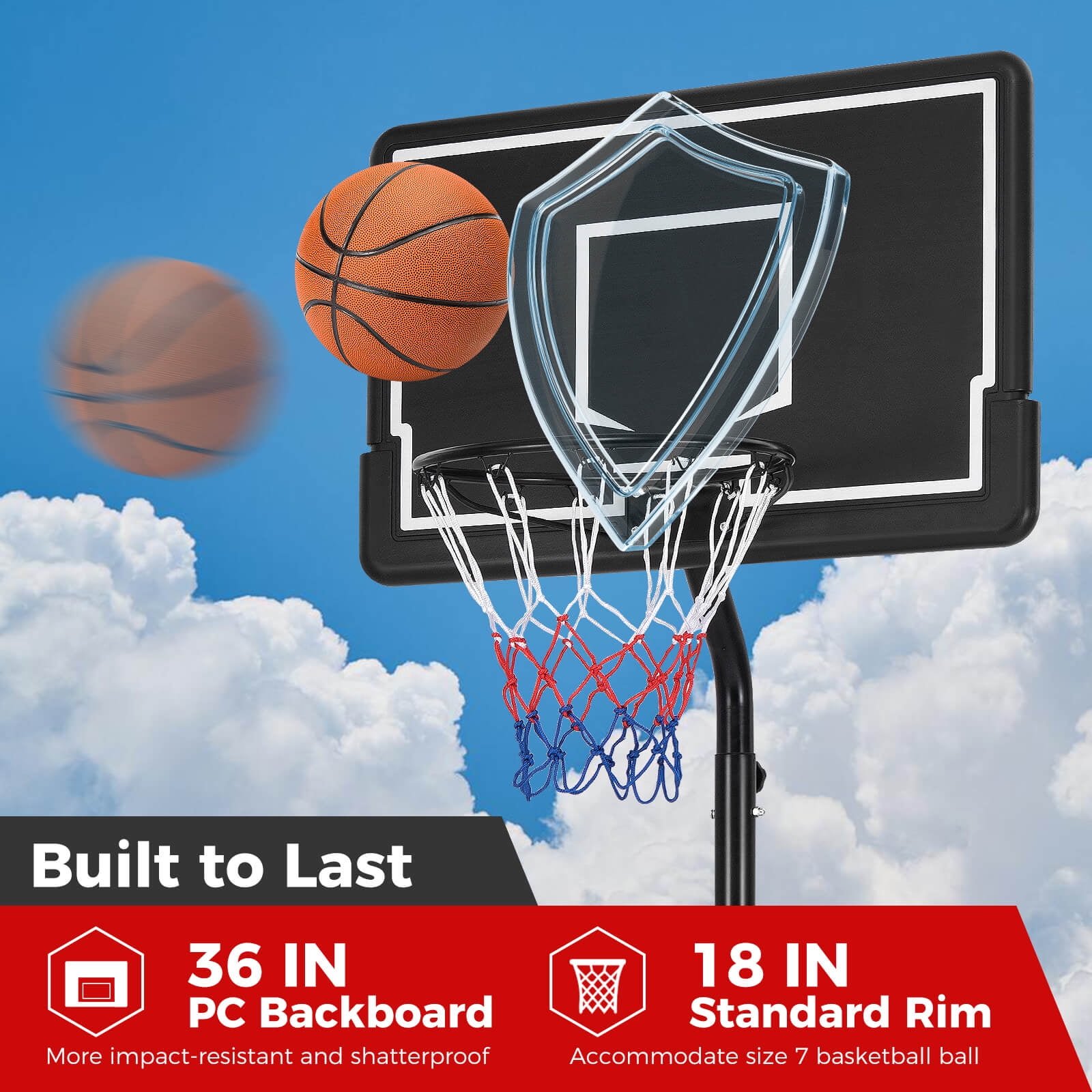 Infans 6.9-8.5 FT Portable Outdoor Basketball Hoop w/ Shatterproof PC Backboard