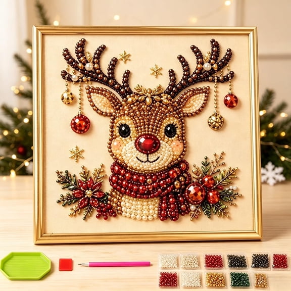 DIY Christmas Pearl Diamond Painting Kit with Frame, 5D Gemstone Pearl Art Set for Adults, Festive Home Wall Decor, Beginner-Friendly Craft with Santa/Tree/Reindeer/Wreath/Stocking Designs