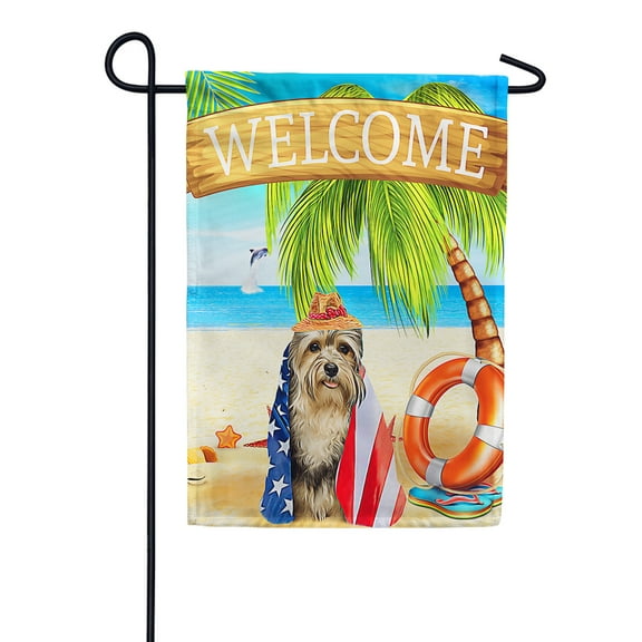 America Forever Patriotic Dog Welcome Summer Garden Flag 12.5 x 18 inches American Tropical Beach Cute Puppy Palm Tree Double Sided Seasonal Yard Outdoor Decorative Coastal Garden Flag