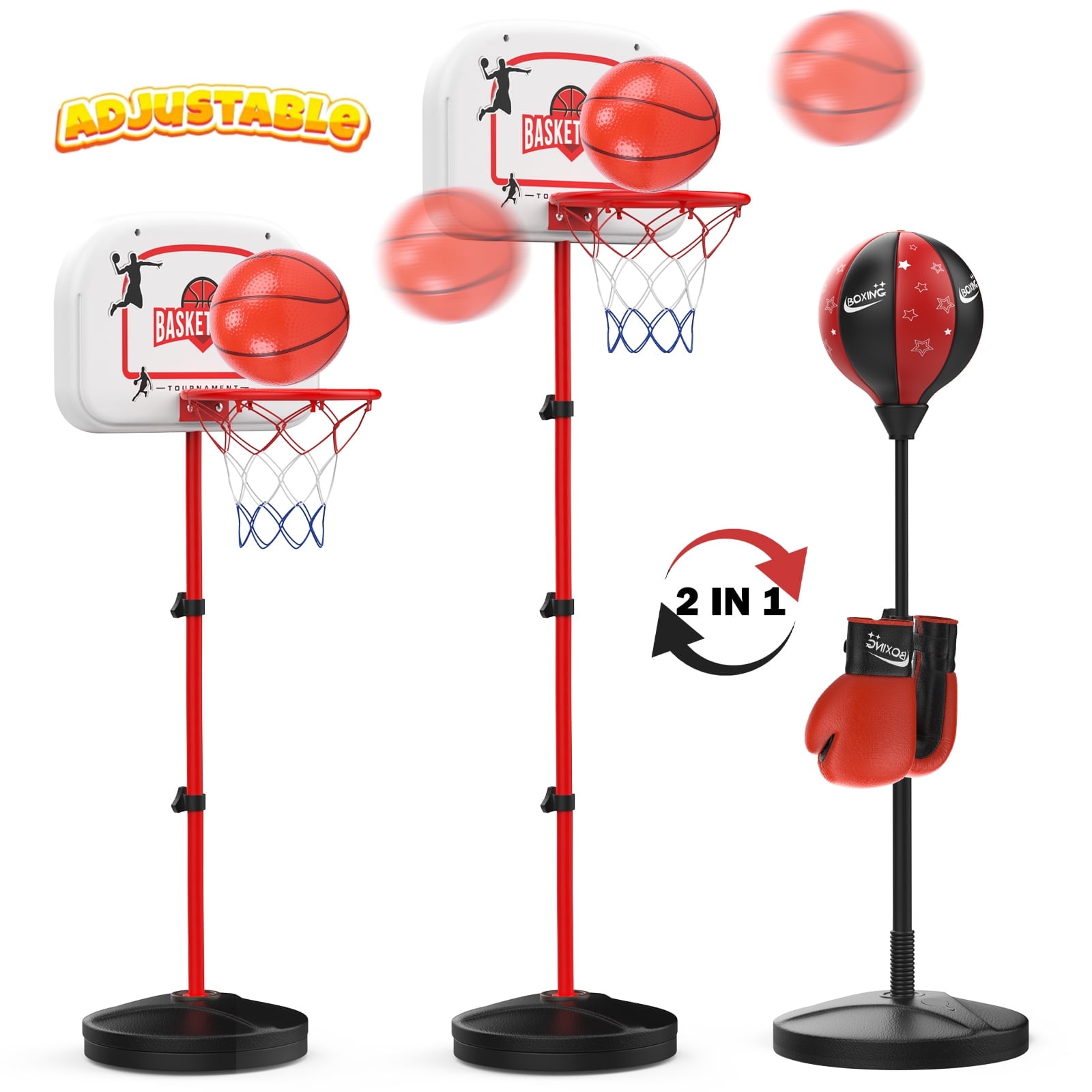 JoyStone 2 in 1 Kids Basketball Hoop and Punching Bag, Adjustable Stand with Boxing Gloves & 2 Balls, Toddler Basketball Hoop and Boxing Bag Set Toy for Outdoor Indoor Sports Games