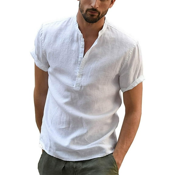 jsaierl Linen Shirts Men Summer Casual Button Up Henley Shirt Big and Tall Short Sleeve Beach Top Loose Lounge Shirts