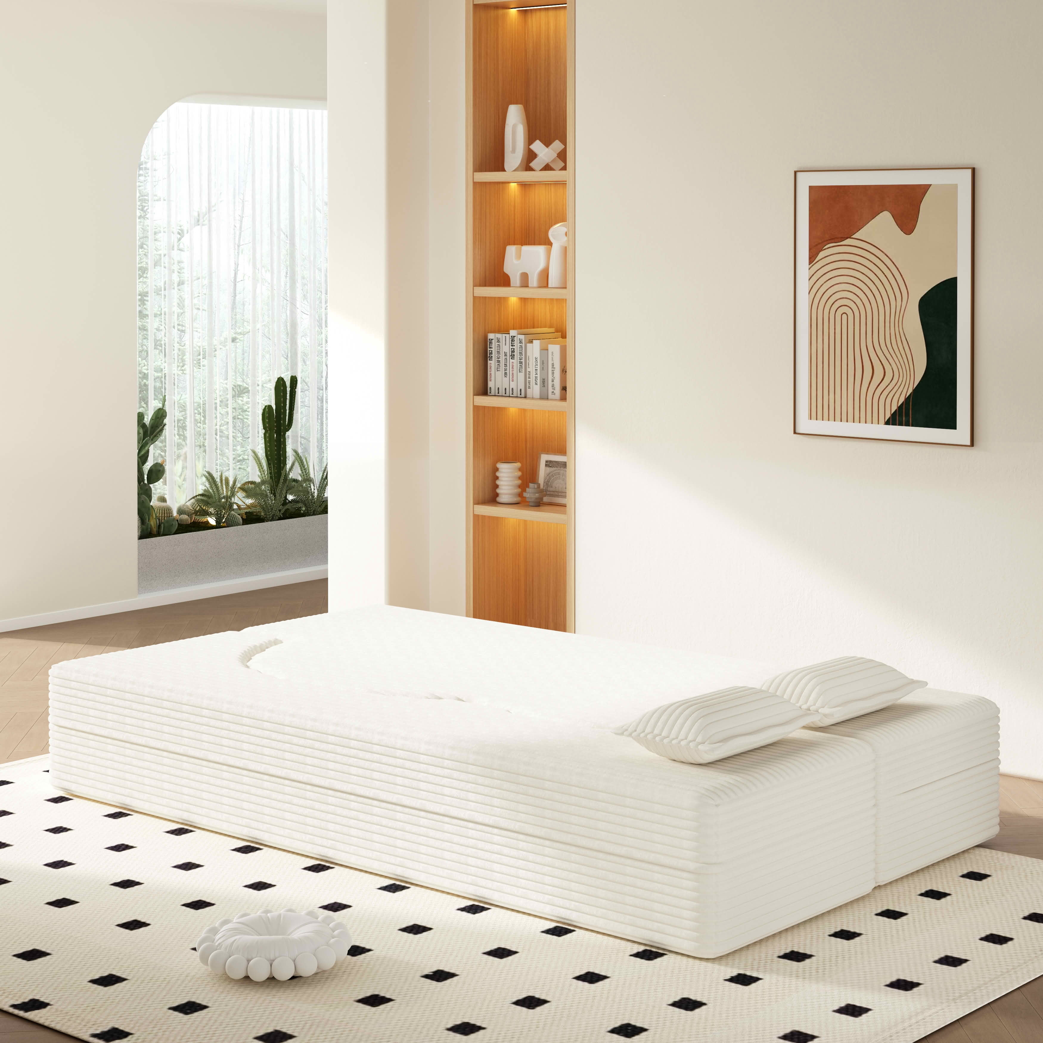 MAYEERTY Twin Corduroy Foldable Foam Floor Sofa Bed, Zero Assembly Vacuum Compressed Sleeper with 2 Pillows