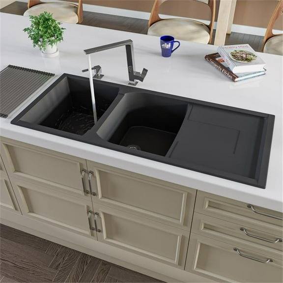 Pemberly Row Black 46" Double Bowl Granite Composite Kitchen Sink w/ Drainboard