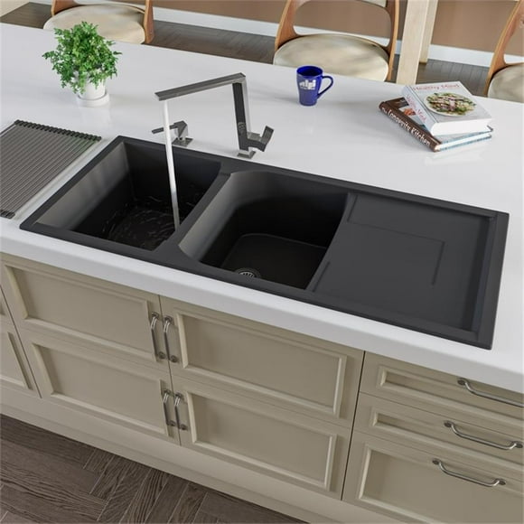 Pemberly Row Black 46" Double Bowl Granite Composite Kitchen Sink w/ Drainboard