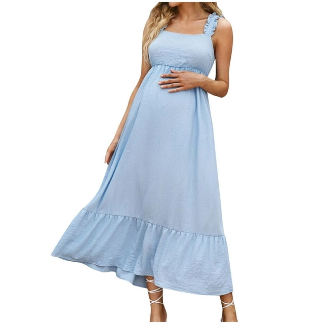 Tranfacy Robe de Maternité à Manches Courtes pour Femme, Robe de Maternité Bohème, Robe de Maternité Unie Sans Manches à Encolure Carrée Boutonnée, Robe Longue de Grossesse