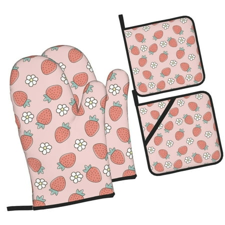 

Daiia Strawberry And Flowers Pattern Oven Mitts and Pot Holders 4 pcs Set High Heat Resistant 500 Degree Extra Thicken Long Kitchen Cotton Oven Glove
