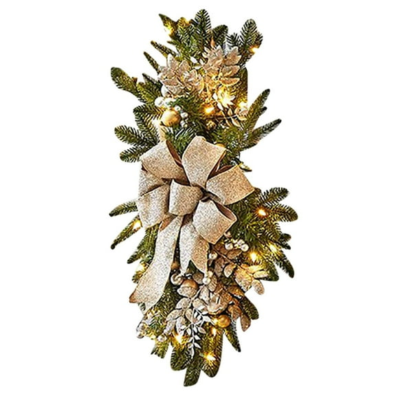 Gnwei Cordless Prelit Stairway Christmas Swag, 17.7 inch Christmas Swags Wreaths Garlands, Snow Pine Teardrop Swag Christmas Staircase Decorations for Front Door Wall Window Home