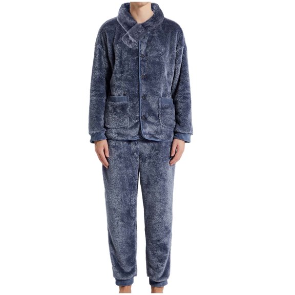 Xfvqtps 3 PCS Mens Fuzzy Pajama Set Open Front with Button Long Sleeve Long Leg Pockets Solid Color Thickened Cozy Soft House Wear Casual Warm Winter Flannel Top Pants and Scarf Set Navy