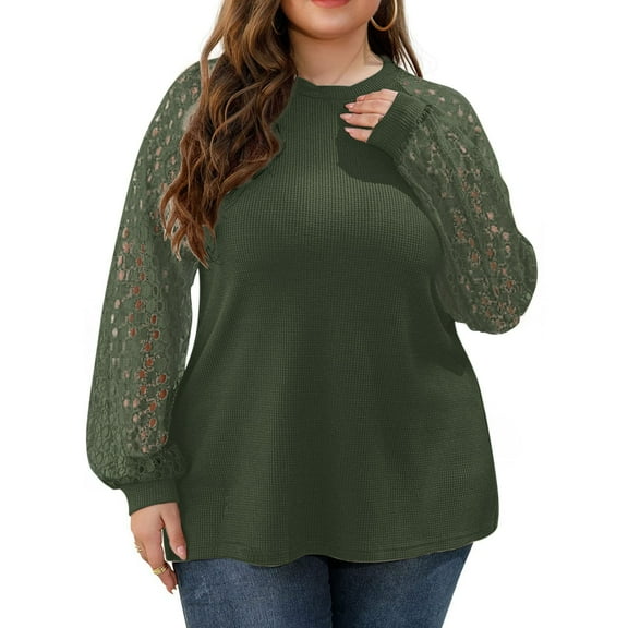 FchengtaiS Plus Size Tunic Tops for Women Hollow Out Raglan Long Sleeve Knit Pullover Casual Loose Spring Fall Shirts Blouses