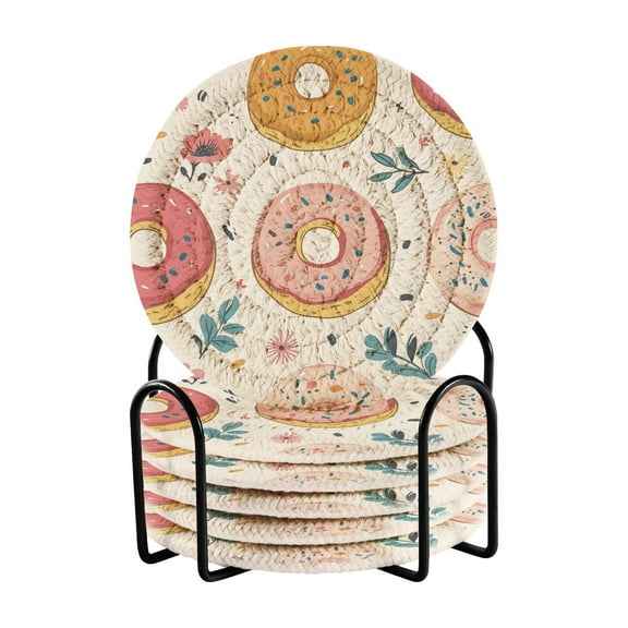 Yayeee 6 PCS Drink Coasters with Holder Set Woven Absorbent Round Tabletop Hot Pad, Pink Donut