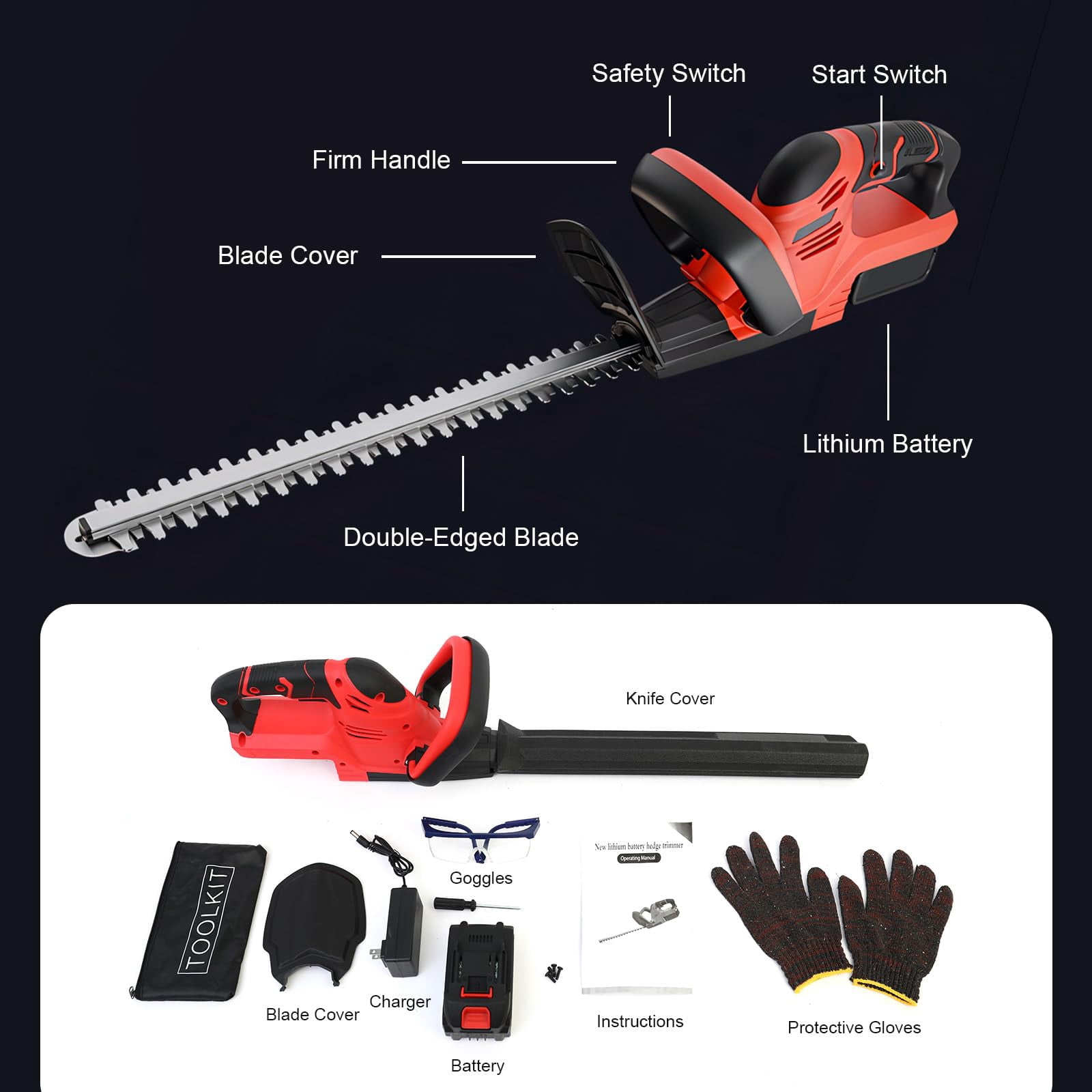 22 inch Cordless Hedge Trimmer, Electric Hedge Trimmer with 2×3.0Ah Batteries for Cutting Trimming Bushes and Shrubs