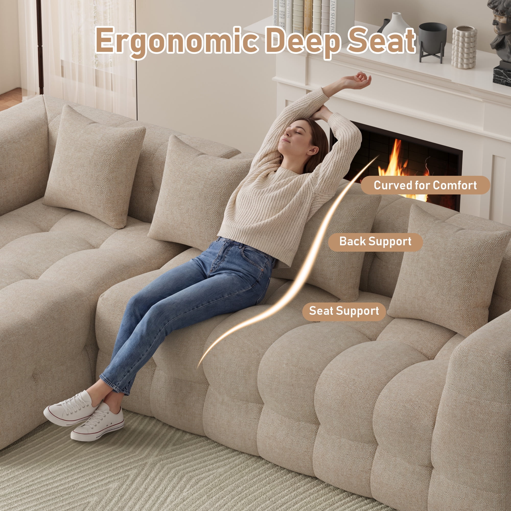 Wiilayok 120" Boneless Oversized Cloud Couch, Left Facing L-Shaped Chenille Sectional Sofa with Chaise Lounge, Deep Seat Upholstered Living Room Sofa with 4 Pillows, No Assembly, Light Brown