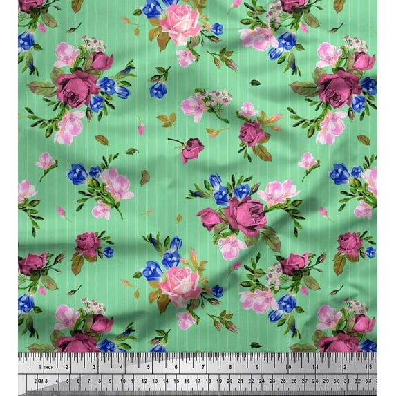 Soimoi Green Velvet Fabric Stripe,Cyclamen & Rose Floral Print Fabric by Yard 58 Inch Wide