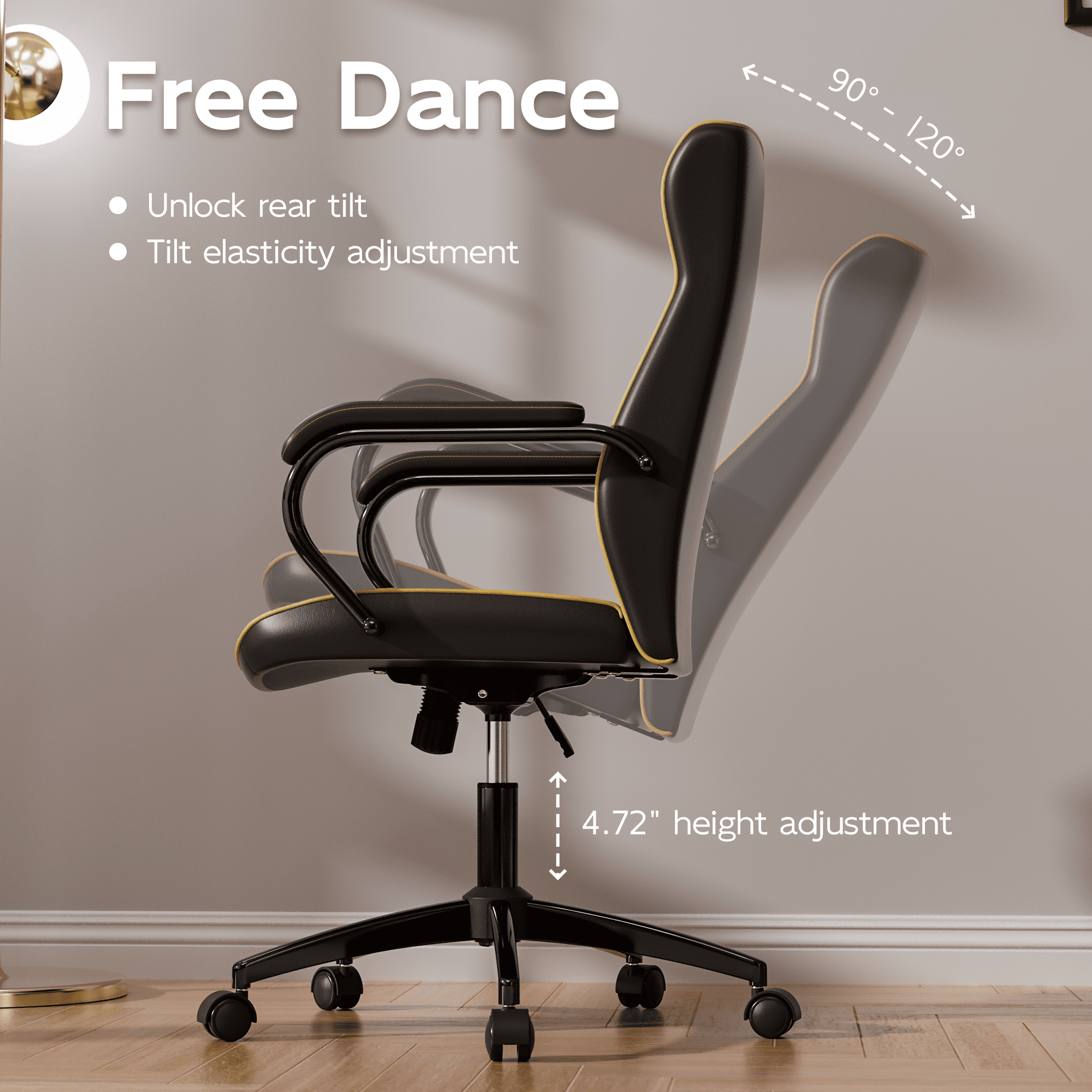 HomeZeer Black Office Chair with Wheels, Ergonomic High Back Executive Desk Chair with Padded Arms, Modern PU Leather Embroidery Computer Chair with Rocking Function