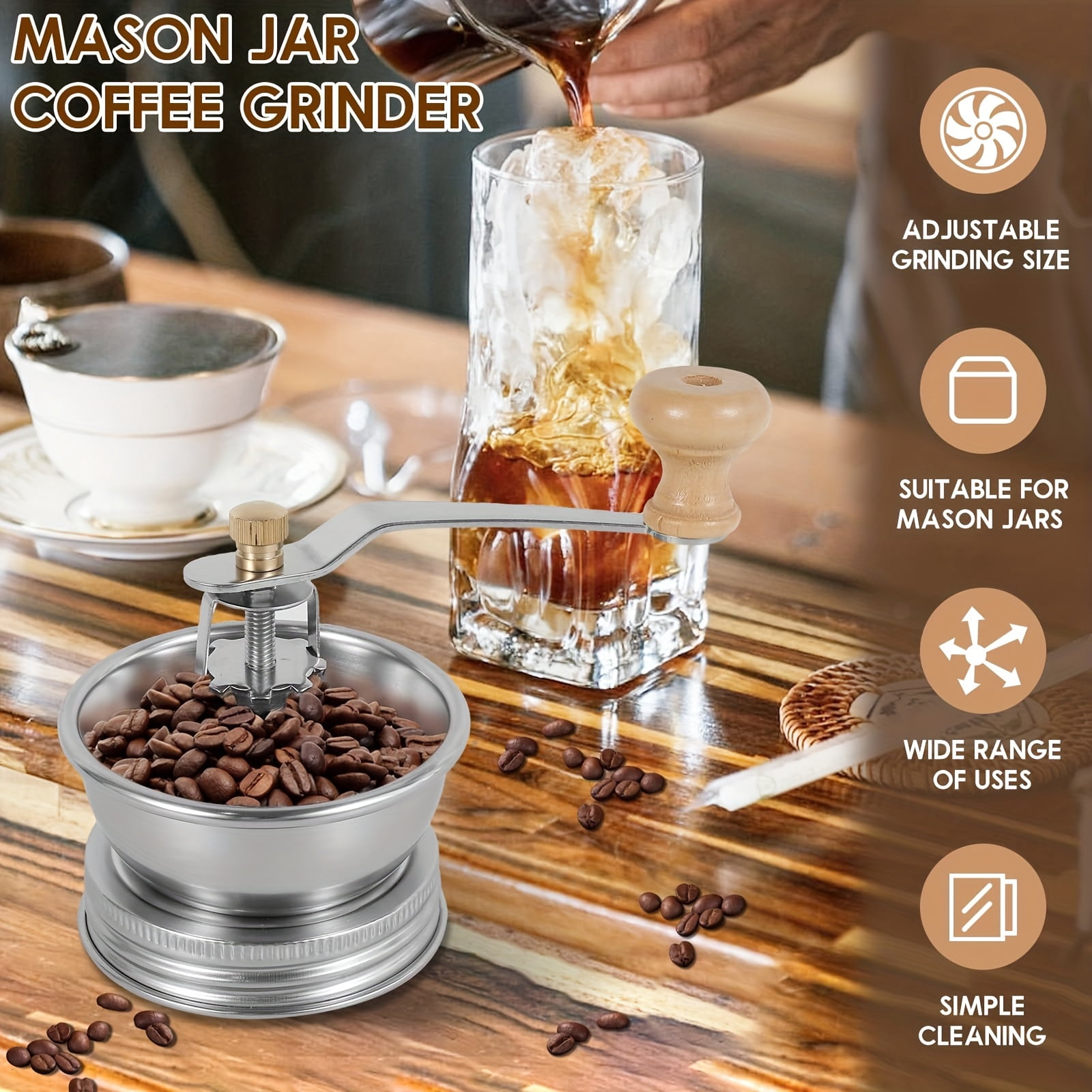 Lid Accessory for Stainless Steel Coffee Grinder Designed for And Wide-Mouth Mason Jars - a Manual Burr Grinder Perfect for Fresh Coffee, Great-70MM