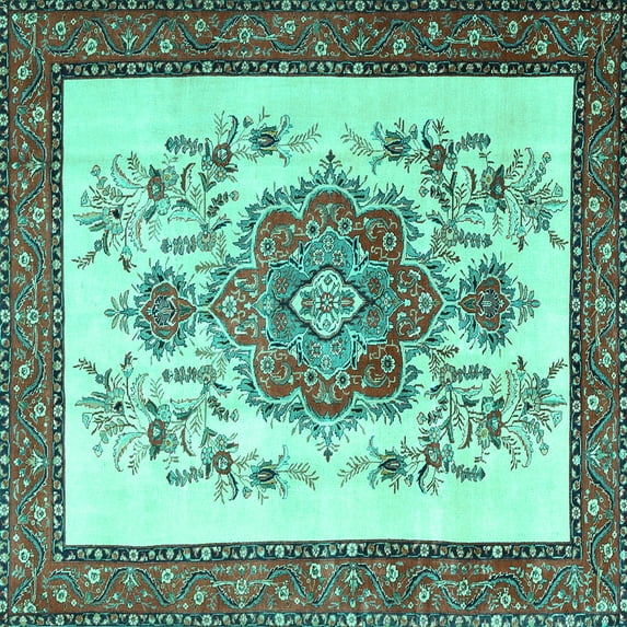 Ahgly Company Machine Washable Indoor Square Persian Turquoise Blue Traditional Area Rugs, 4' Square