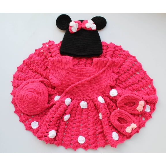 Woonie Sleeveless Flower Knit Handmade Dress With Cap & Sling Bag With Booties-Pink