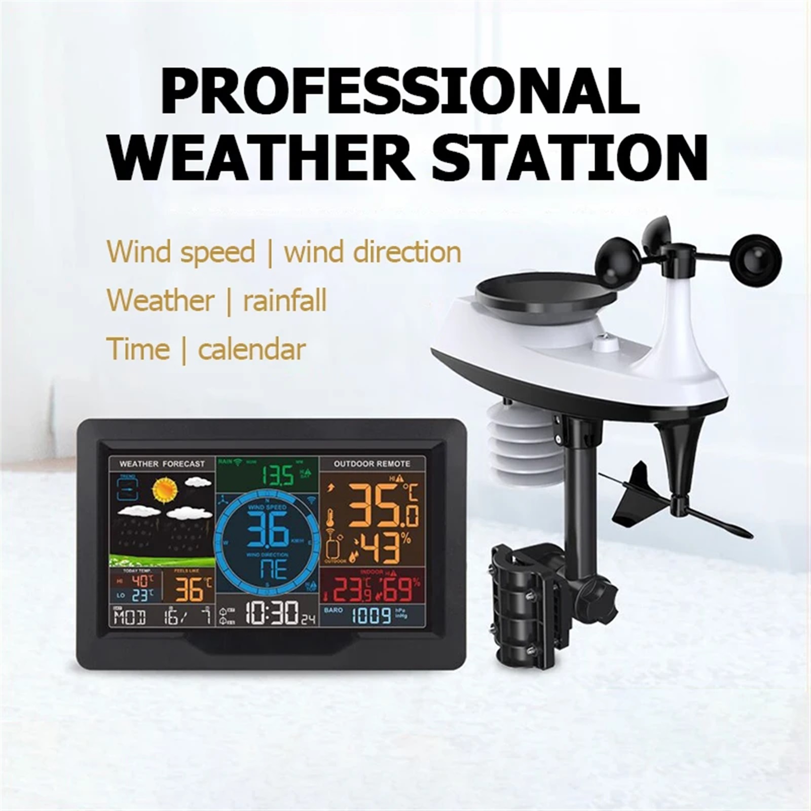 FJ3390A Professional Weather Station Temperature Humidity Wind Speed & Rainfall Detection Multifunctional Weather Forecast Clock ,High Precision