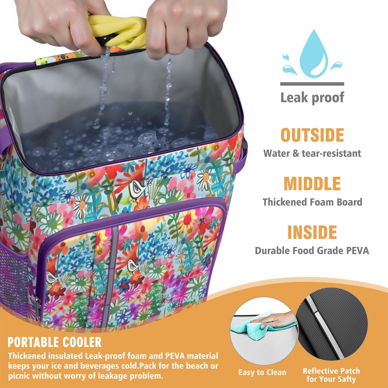 Travel Cooler Bag - Pioneer Flower Floral Print Pattern Camping Beer Cooler Backpack with Bottle Opener- Waterproof Insulated Picnic Backpacks - Cooler Bag for Beach