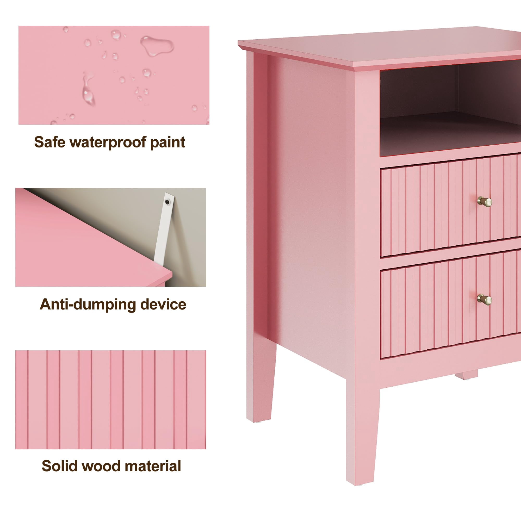 CozyHome Fluted Nightstand Set of 2, Modern Side Table with 2 Drawers & Storage Shelf, Wood End Table for Living Room, Bedroom, Pink