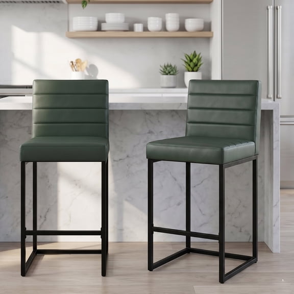 FFZ 38"Tall Set of 2 Counter Height Bar Stools with PU Cushion and Metal Legs, Black Green