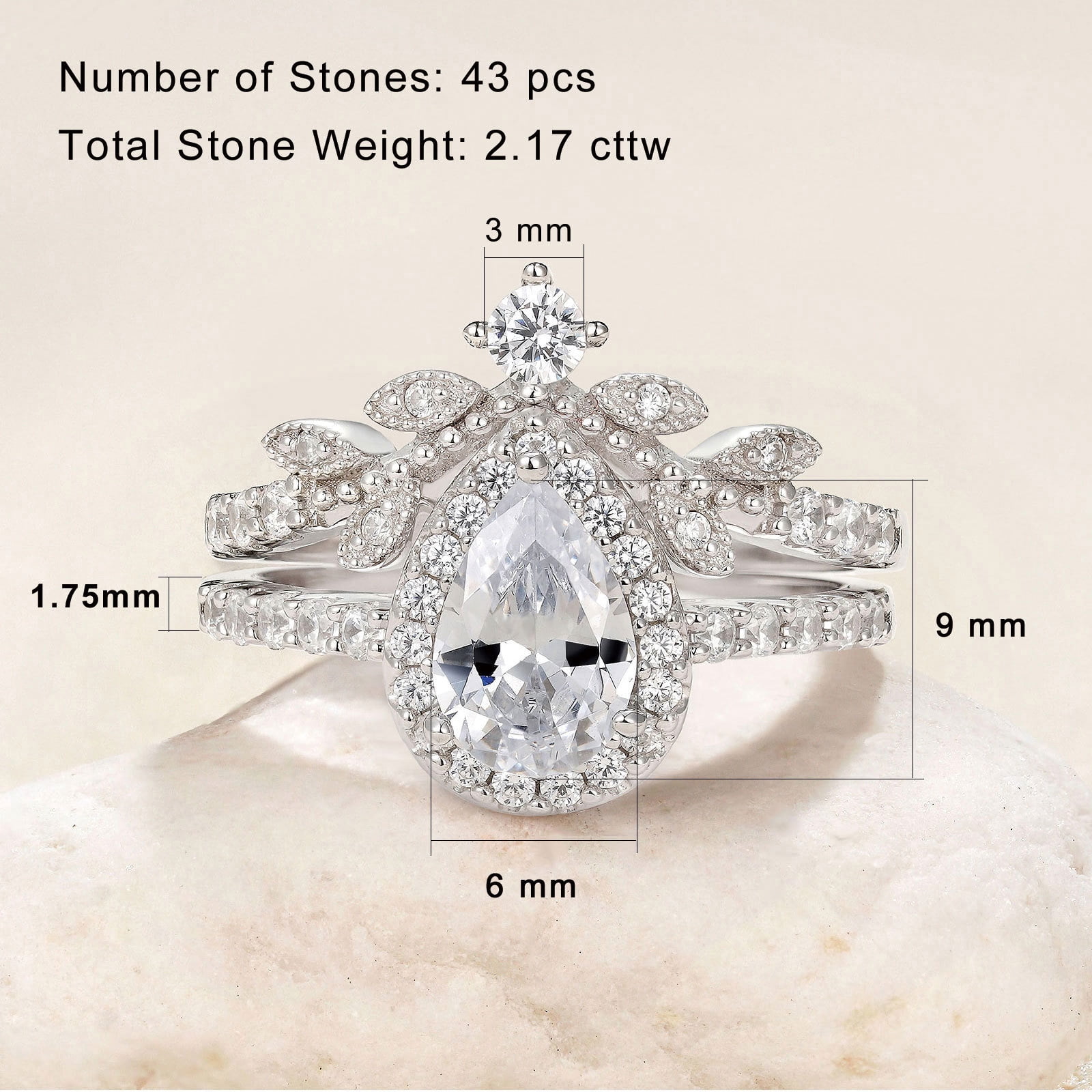 Newshe Jewellery Wedding Ring Set for Women Vintage 925 Sterling Silver Pear Shaped Cz Bridal Set Size 7