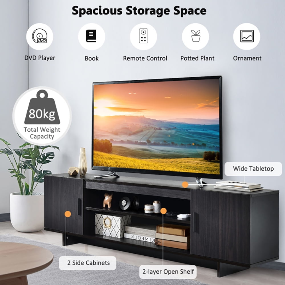 Finihen TV Stand, TV Cabinet, Modern Wood Universal TV Stand for TV up to 65 Inch with 2 Storage Cabinets, Media Entertainment Center with Storage, for Living Room, Bedroom, Black
