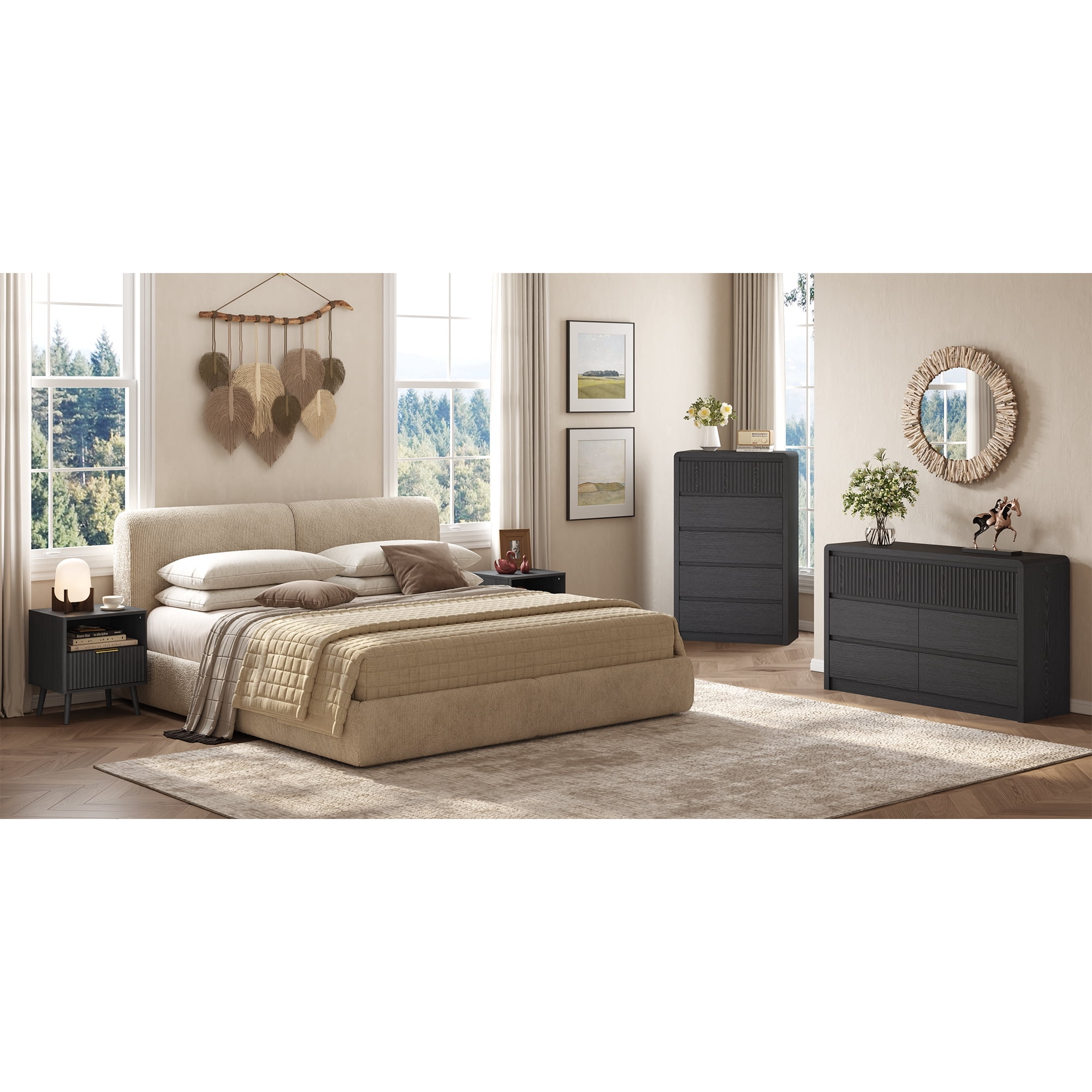 ASTUVIA 5 Drawers Dresser for Bedroom, 48.4" Tall Chest of Drawers with Curved Profile Design, Mid Century Fluted Storage Dressers Organizer,Black