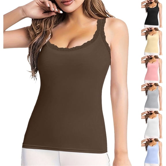 Endives Women's Camisole Top Lace Trim Sleeveless Tank Top Base Layer Daily Wear Inner Wear Coffee