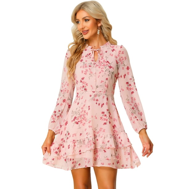 Mini Vestido Chifón Allegra K Manga Larga Rosa S